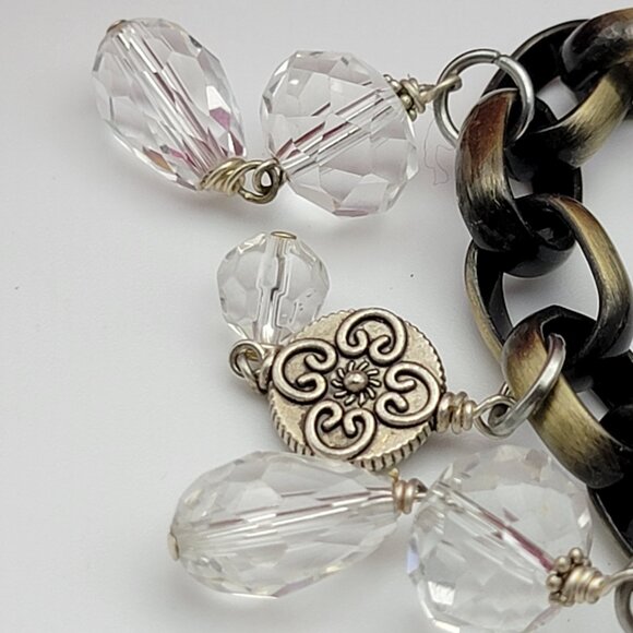 Vintage Charm Bracelet Brass And Silver Tone Key Faceted Glass 8" Adjustable - Picture 4 of 10